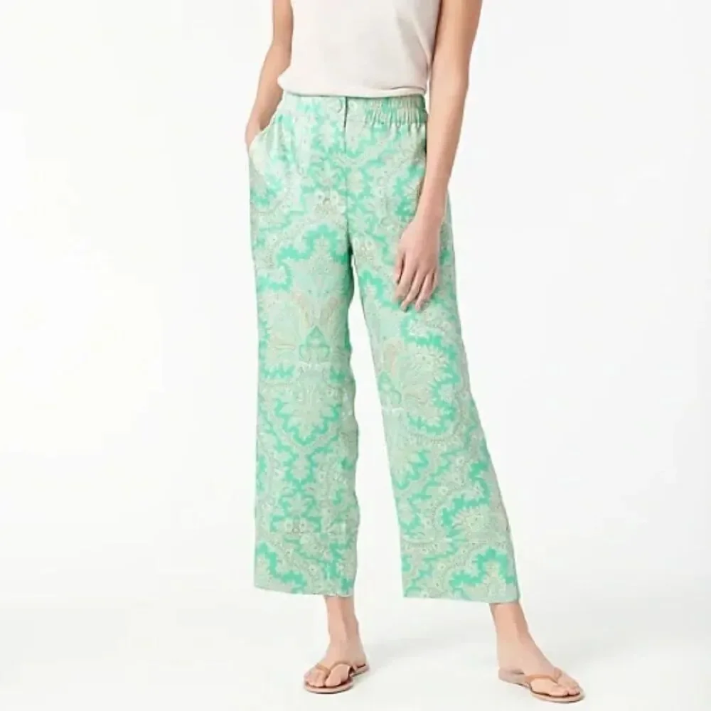 J Crew Collection Pants Womens 8 Green Paisley Satin Wide Leg Cropped AV440